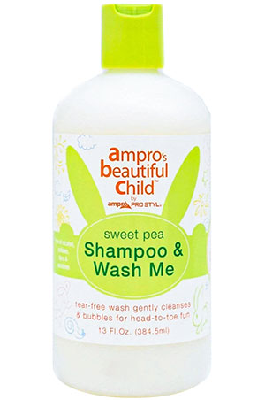 Ampro's Beautiful Child Sweet Pea Shampoo bottle, 13oz size, predominantly white with green accents and product information.